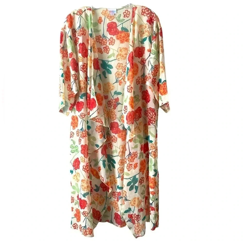 LuLaRoe | Cream Floral Sheer Waterfall Front Kimono Size M - Picture 3 of 9